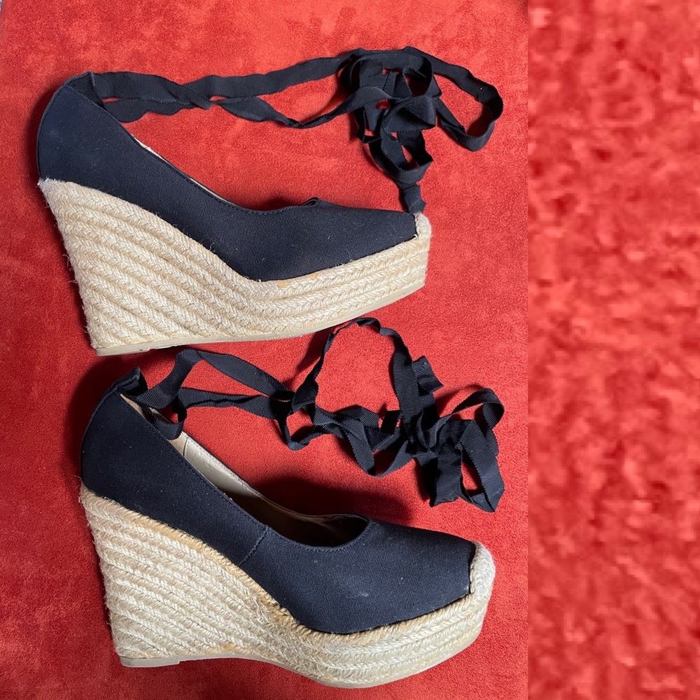 MOSSIMO Vintage Y2K Black Canvas and Jute ESPADRILLES Tie SANDALS Size 6.5